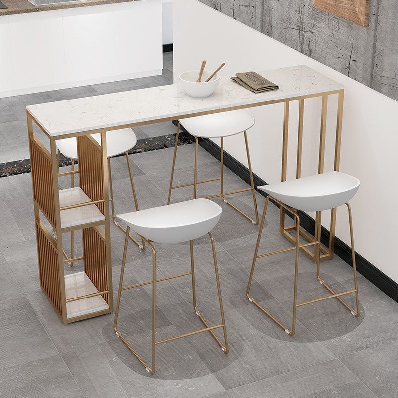 Glam Faux Marble Bar Counter Table Rectangle Bar Counter Table with Metal Legs