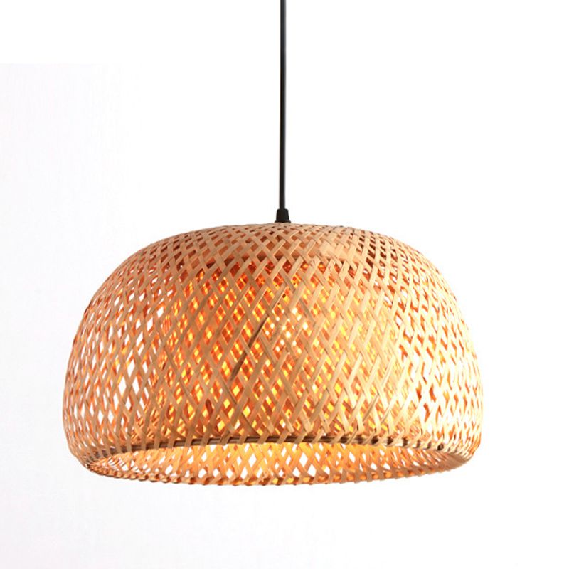 12“/15”/18“ Wide Domed Shaped Pendant Lighting Fixture Bamboo 1 Light Living Room Hanging Lamp Kit in Beige