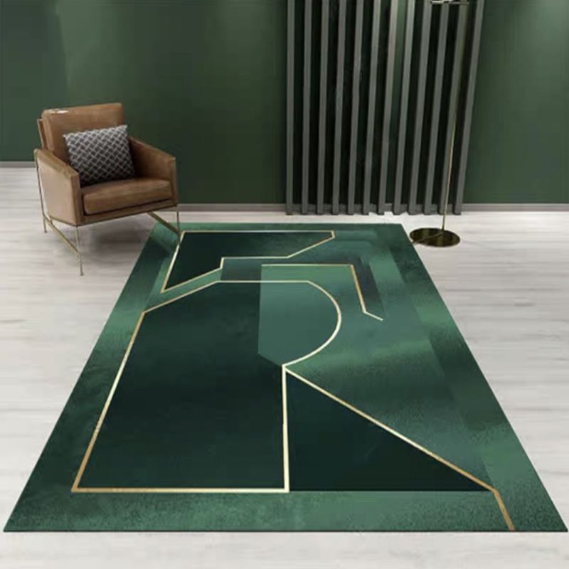 Green Tone Metal Lines Print Rug Polyester Trendy Anti-Slip Backing Indoor Rug for Living Room