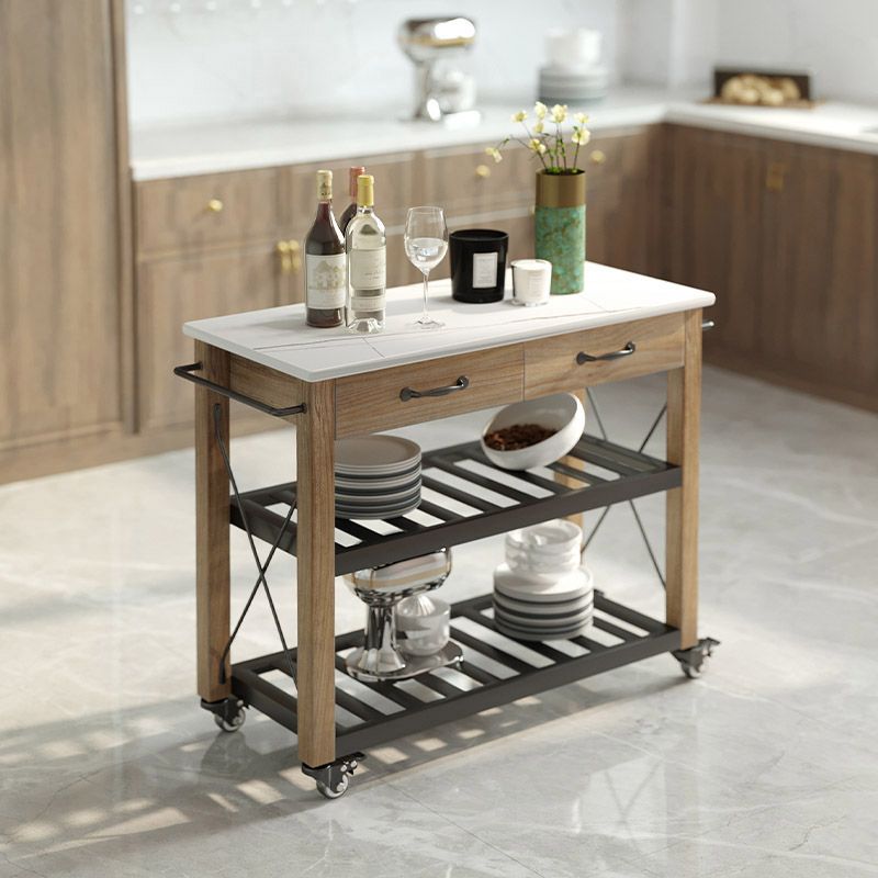 Modern Open Storage Kitchen Trolley Rolling Pine Wood Prep Table