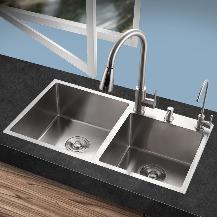 Stainless Steel Double Sink Kitchen Sink 3 Holes Drop-In Sink with Drain Assembly