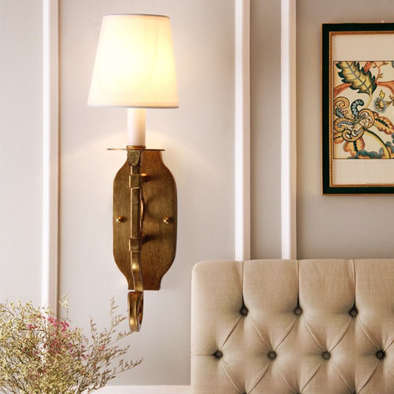 1 Light Wall Lamp Lighting Country Cone Fabric Sconce Light Fixture in Brass with Metal Backplate
