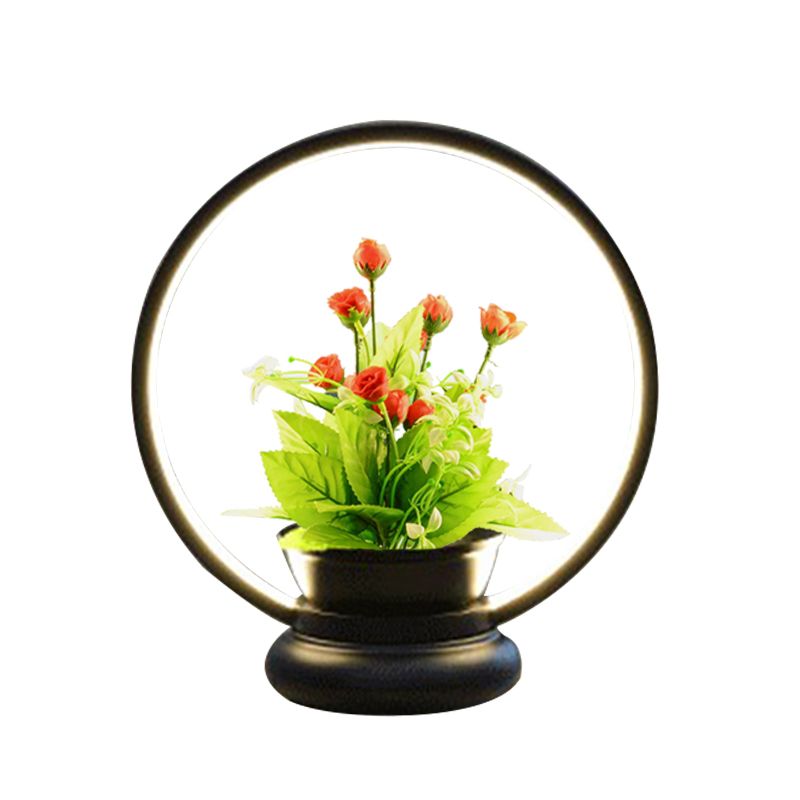 Ronde/vierkante slaapkamer Tafellicht Industrieel metalen LED Zwart/Wit Nachtlamp met plantendecoratie, warm/wit licht