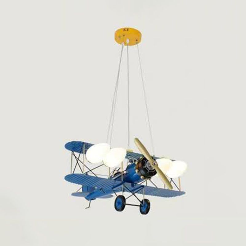 Kids Style Plane Chandelier Lamp Metallic Nursery LED Hanging Light with Opal Glass Shade