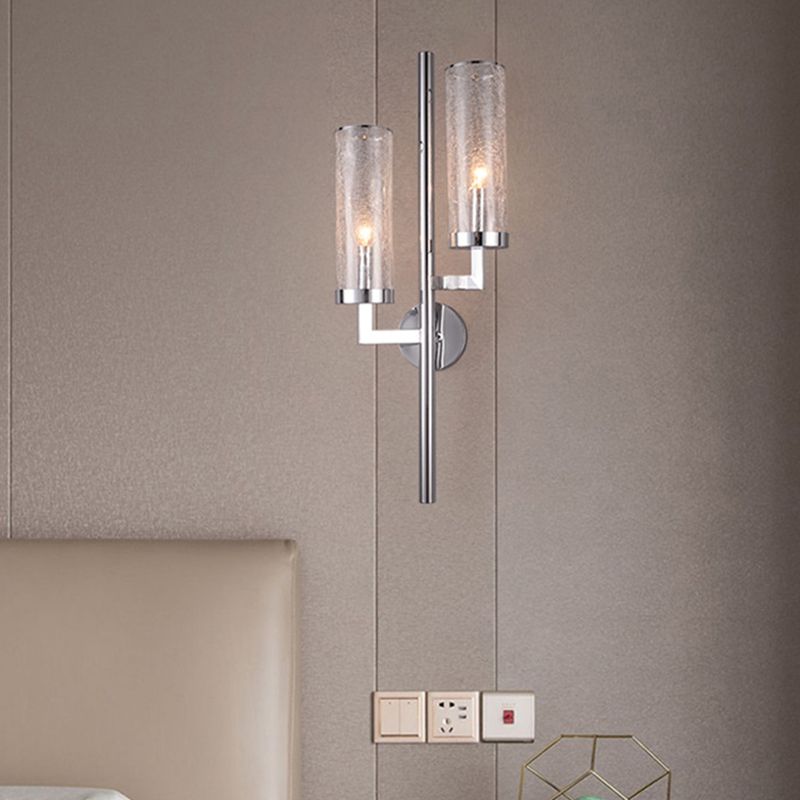 Chrome Armed Wall Lamp Modern 2 Bulbs Metal Sconce Light Fixture with Crackle Glass Shade