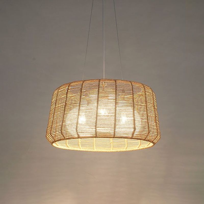 Rope Drum/Teardrop Ceiling Lamp Modern 1 Bulb Hanging Pendant Light in Wood for Living Room