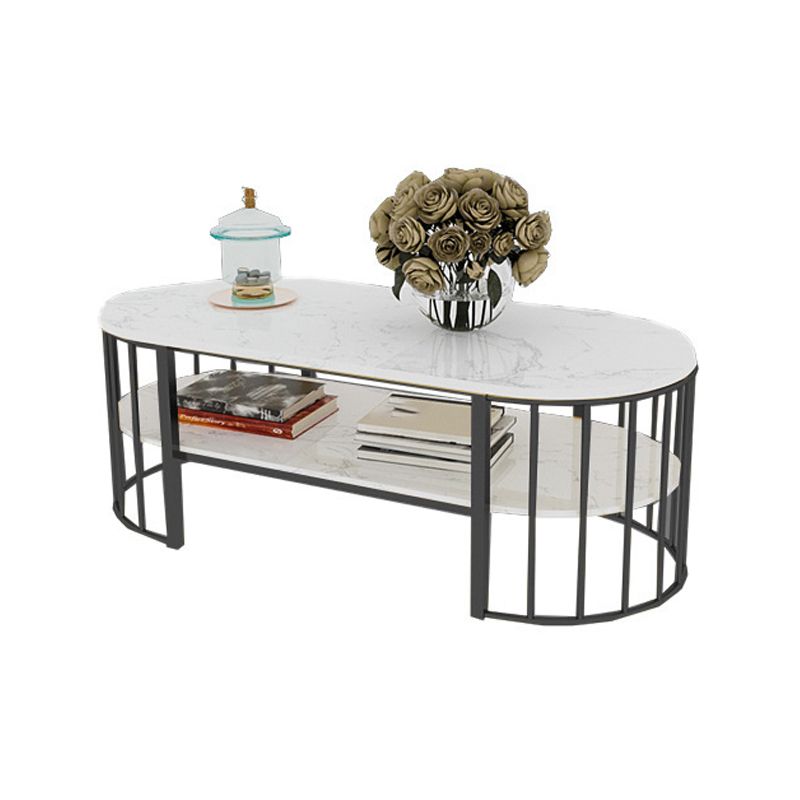 Glam Marble Top Coffee Cocktail Table with Oval Top and Iron Base