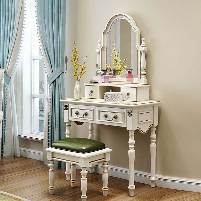 Ivory Mirrored Vanity Desk with 4 Drawers Victorian Wood Dresser