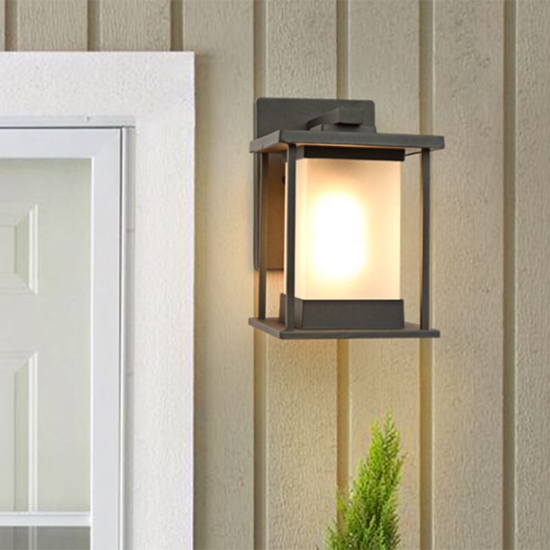 White Glass Rectangle Wall Lamp Rustic 1 Bulb Outdoor Wall Light in Coffee/Black with Metal Frame
