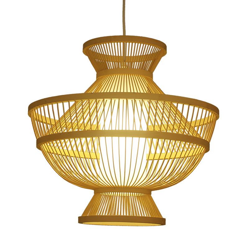 Beige Hot Pot Shaped Suspension Pendant Asian Style Single Bulb Bamboo Ceiling Lamp for Restaurant