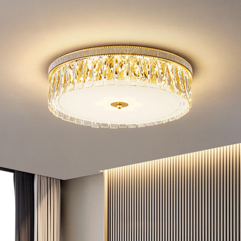 Gold Cylindrical LED Ceiling Light in Modern Luxury Style Crystal Indoor Flush Mount with Glass Shade
