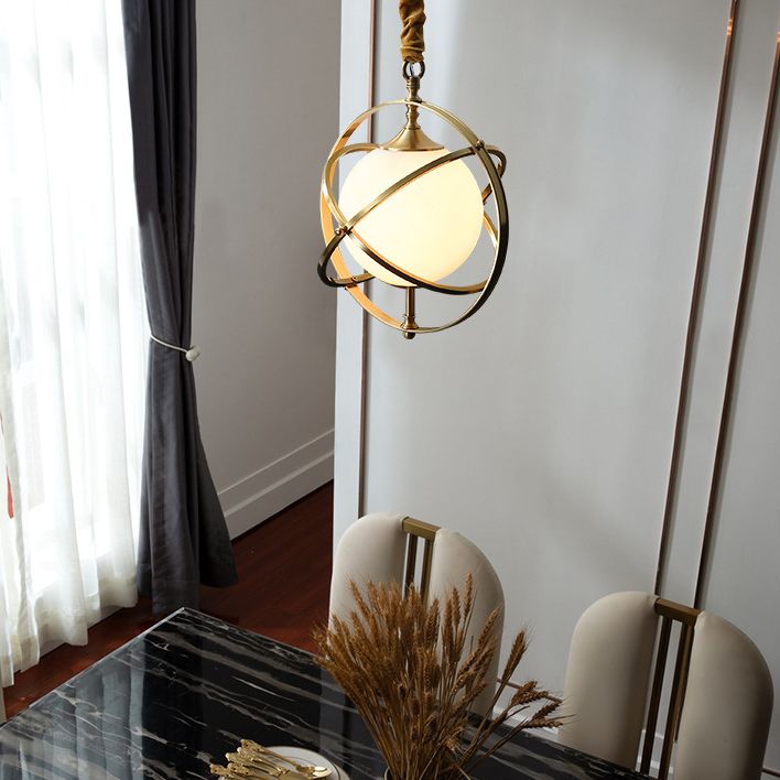 11" Wide Full Copper Triple Rings Lighting Pendant White Glass Shade Suspension Lamp in Gold