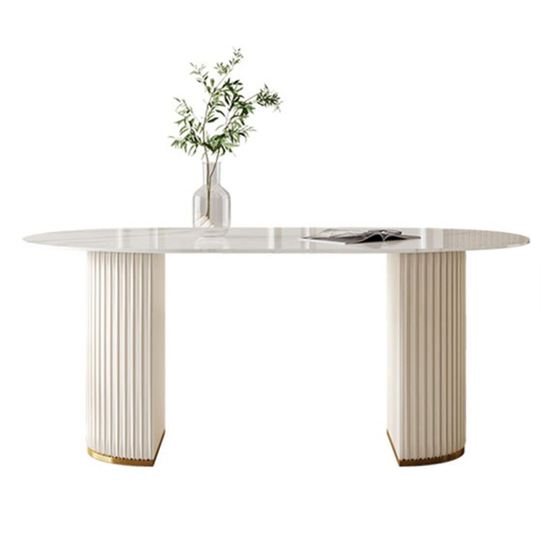 Oval Double Pedestal Modern Dining Table White Fixed Table with Sintered Stone