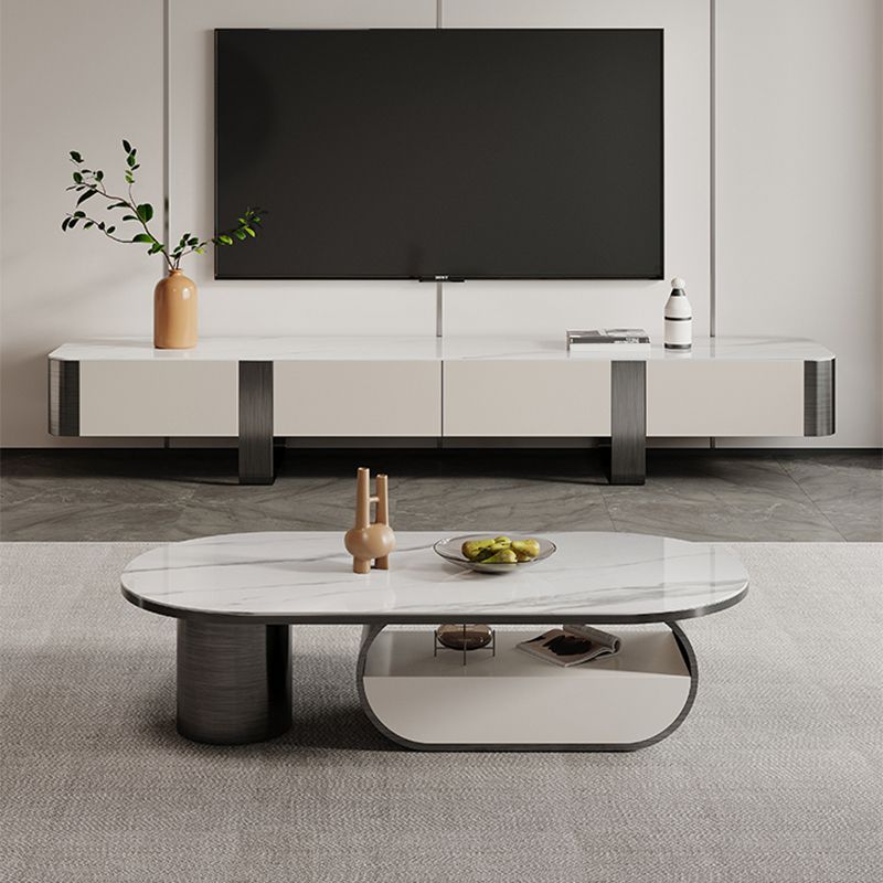 Abstract Coffee Table Slate Cocktail Table with Storage Drawer and Shelf