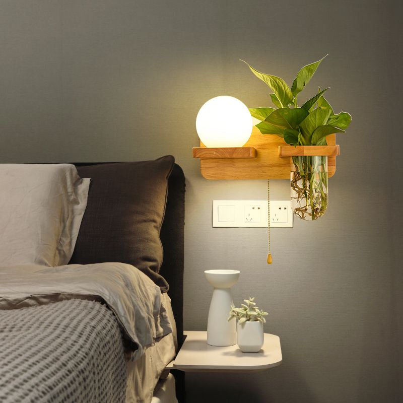 Modern Style Ball Shape Wall Light Wood 1 Light Sconces for Bedroom without Plant