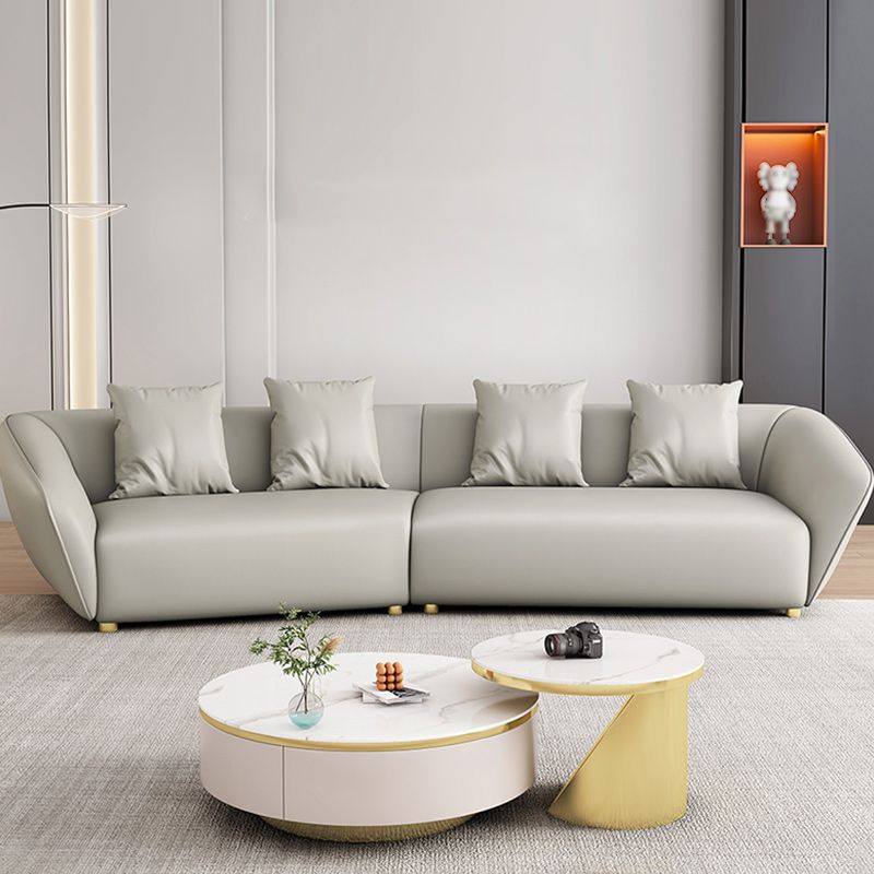 Glam Sloped Arm Sofa with Pillows Genuine Leather Sofa in Gray