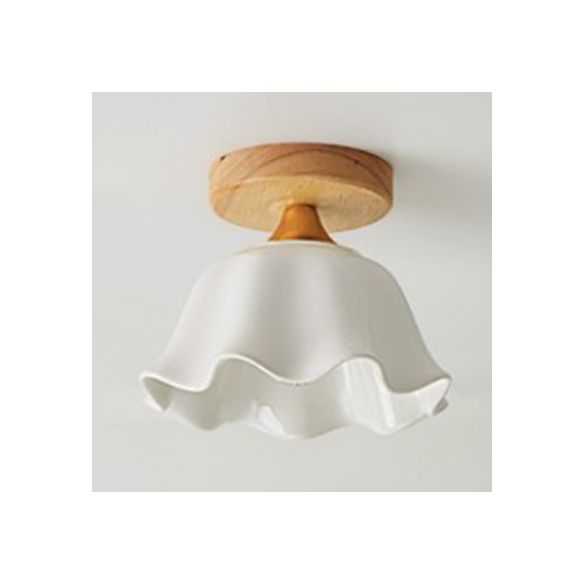 Cône d'abat-jour blanc/plafonnier festonné avec auvent en bois, plafonnier en verre moderne à une lumière pour Foyer