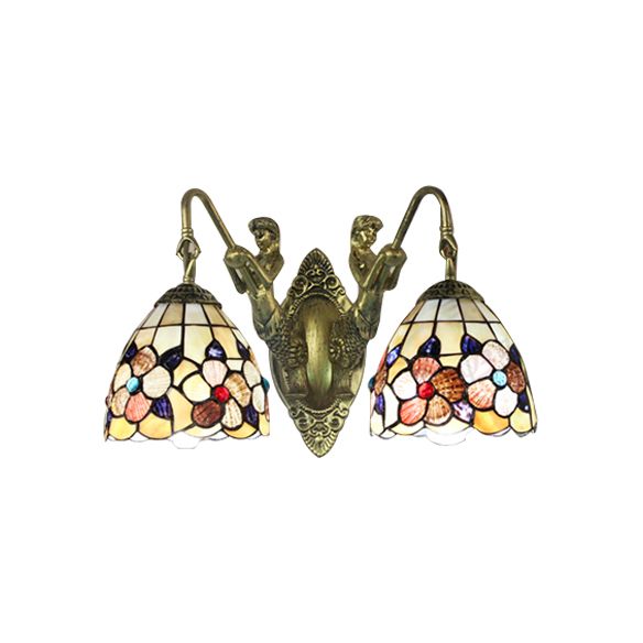 Beige Petal Wall Mount Light Victorian 2 Heads Multicolor Shell Sconce Light with Mermaid Backplate