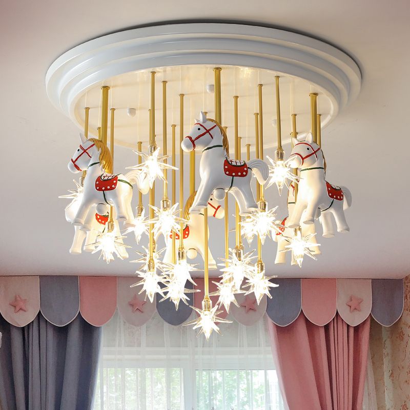 Merry-go-go lind linter light kids style metal nursery plafond linge monture with résine cheval en blanc