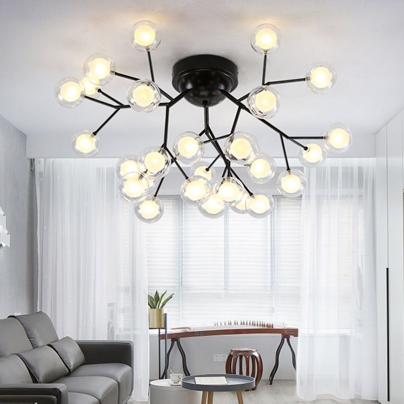 Simplistic Tree Branch LED Semi Flush Mount Metallic Living Room Close To Ceiling Chandelier in Black