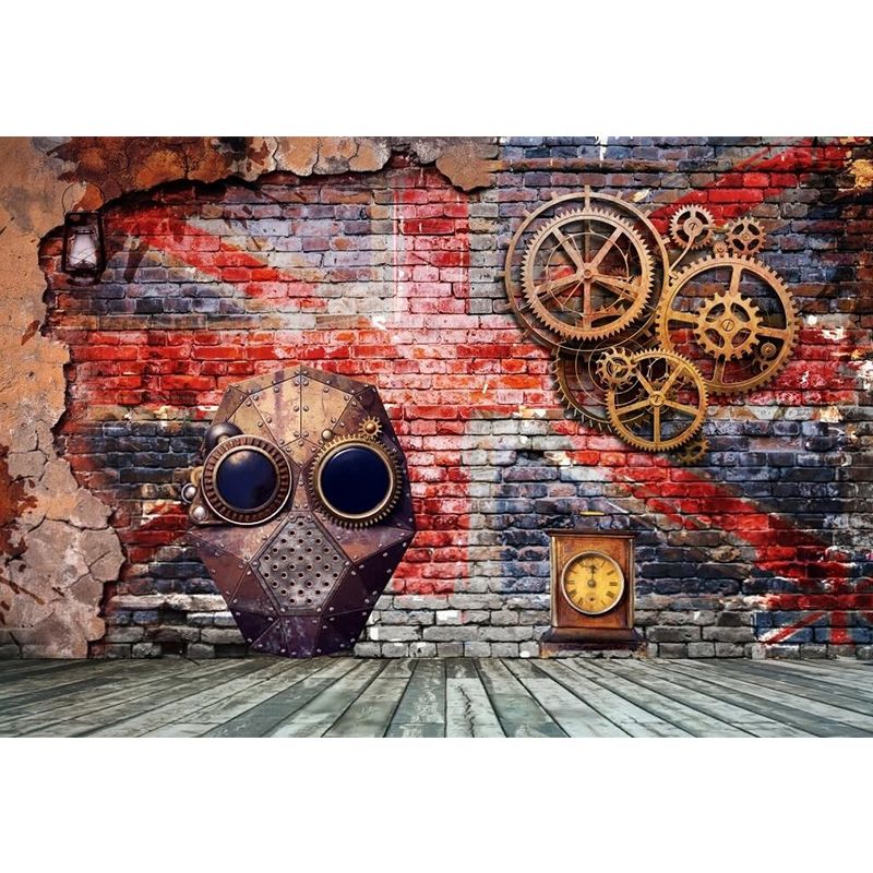 Cool Gear and Brick Murals Wallpaper for Bedroom, Grey and Red, Custom Size Available