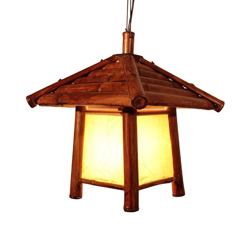 1 Bulb Restaurant Ceiling Light Asian Brown Pendant Lighting Fixture with Tower Wood Shade