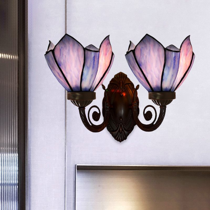 Petal Wall Sconce 2 Lights White/Pink Glass Mediterranean Wall Lighting Fixture with Swirl Arm for Living Room