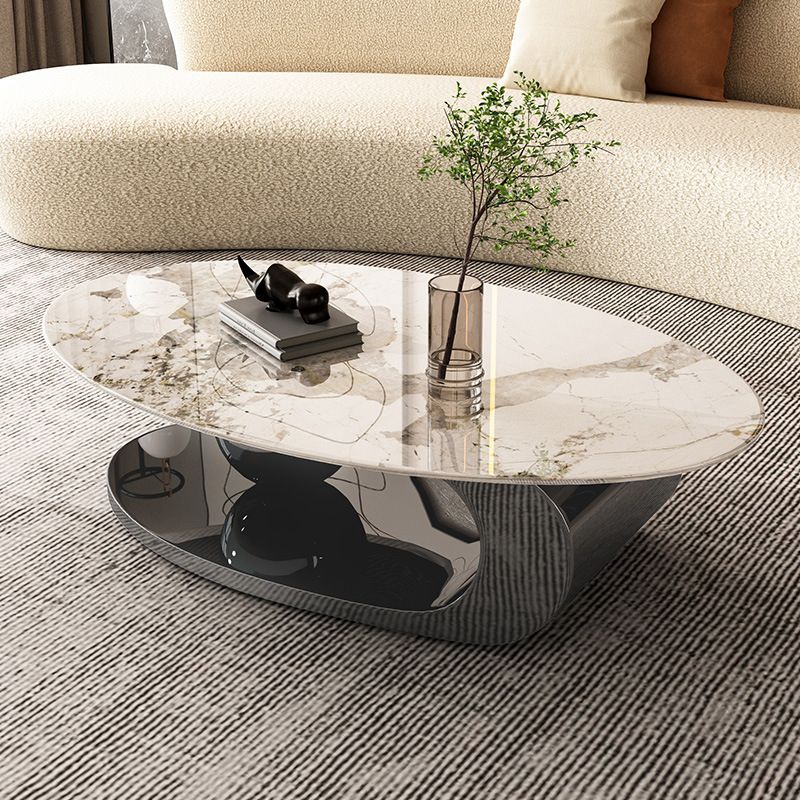 Elliptical Stone Glam Abstract Coffee Cocktail Table with Floor Shelf