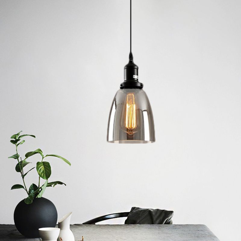 Black 1 Light Ceiling Pendant Light Industrial Smoked Glass Cone/Dome Hanging Lamp for Living Room