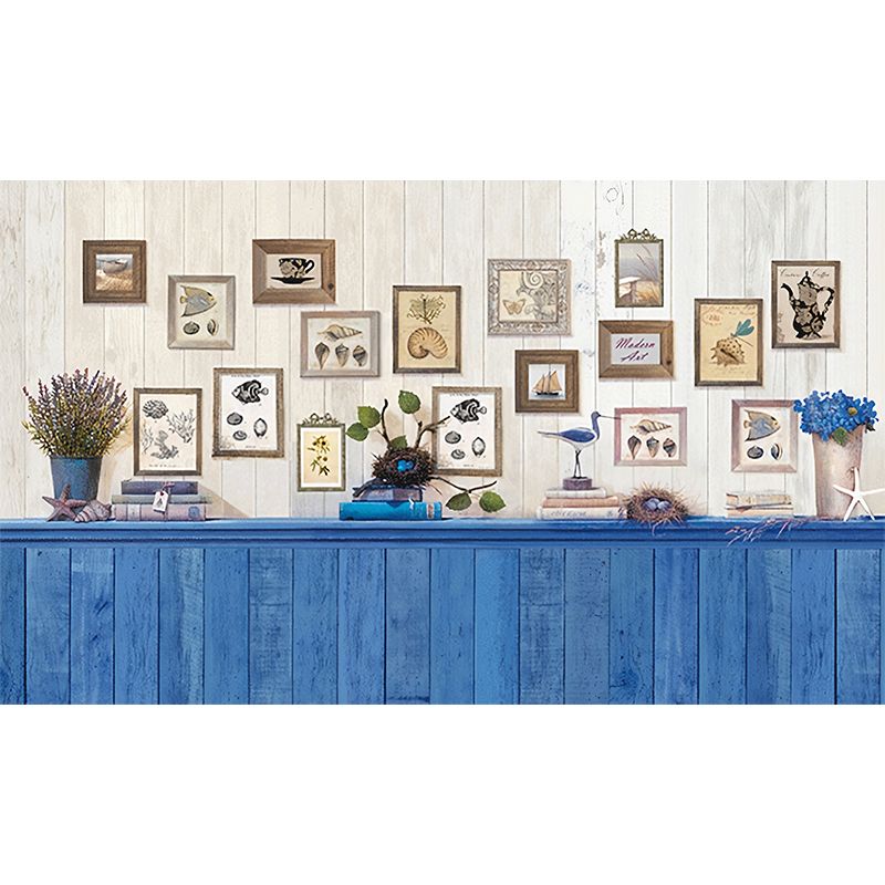 Whole Cottage Mural Wallpaper in Blue Bed Back Table and Photo Pattern Wall Covering, Custom Print