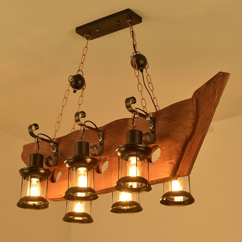 6-Lights Industrial Styl Island Pendants Wood Pendant Lights for Restaurant