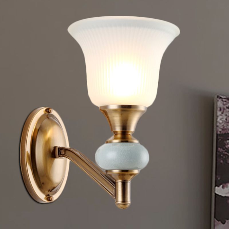 1/2-Head Wall Lighting Fixture with Bell Shade Frosted Glass Vintage Bedroom Wall Light in Brass