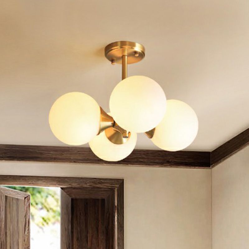 Brass Globe Flush Mount Lighting Postmodern 4 Heads Opal Glass Semi Flush Light for Bedroom