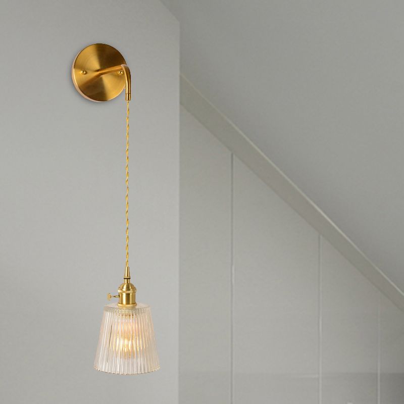Gold 1 Head Wall Mounted Light Minimalism Clear Ribbed Glass Barrel/Bell/Drum Wall Lighting Fixture