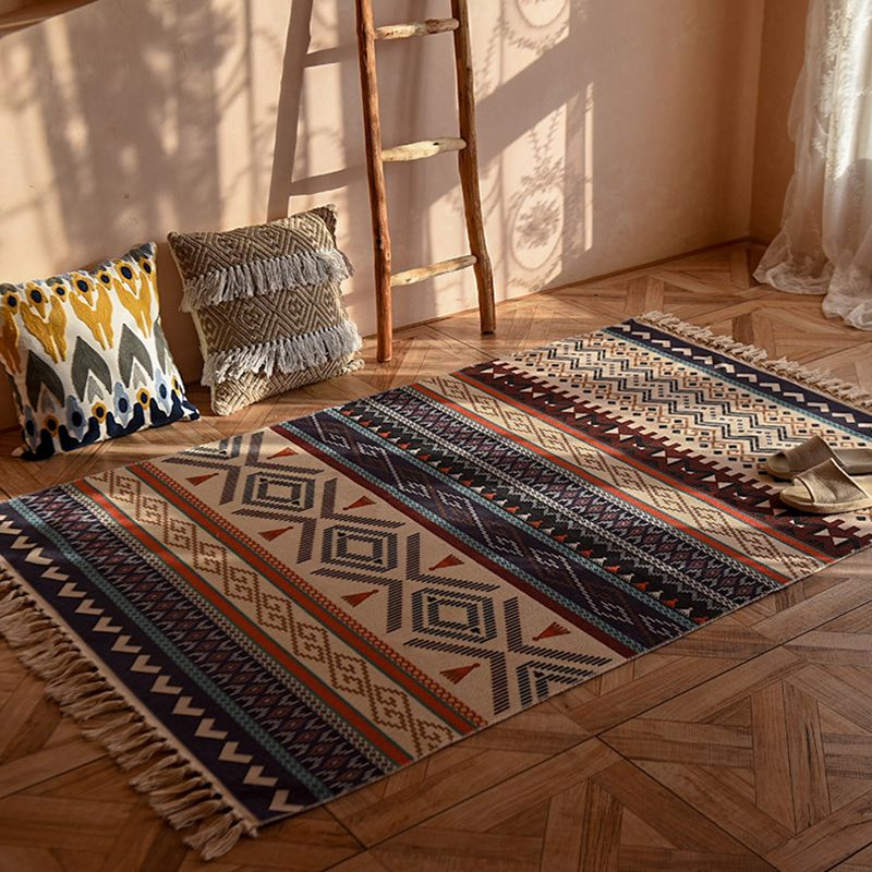 Bohemian Tribal Print Carpet Polyester Fringe Indoor Rug Stain Resistant Area Carpet for Living Room