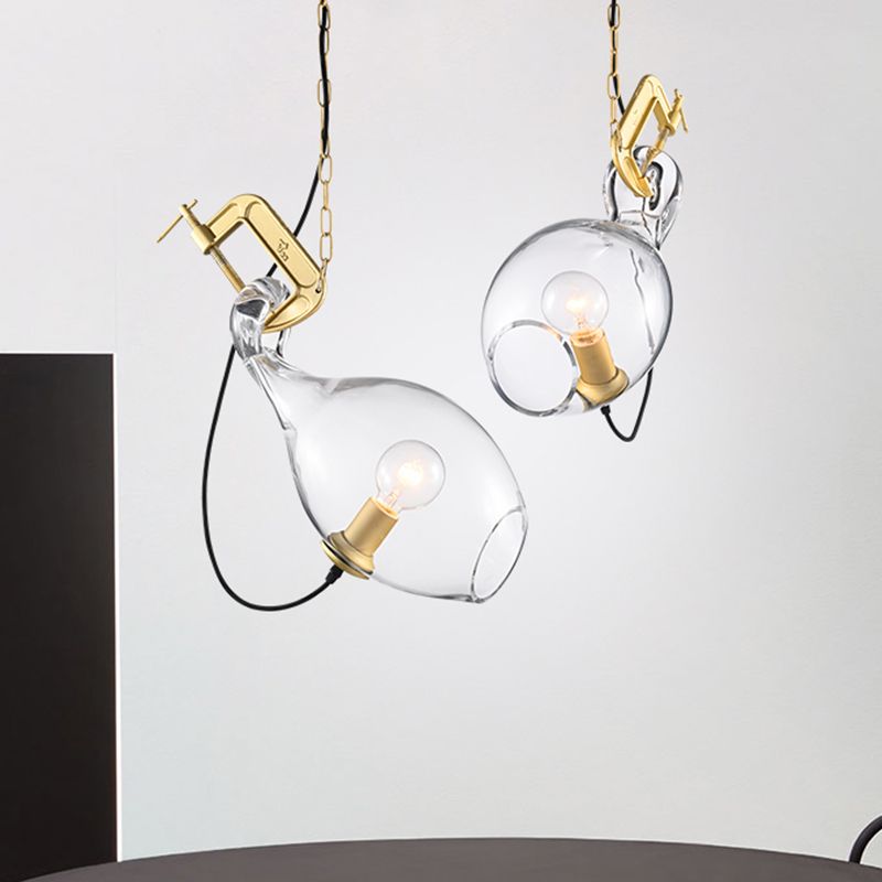 Lampe à suspension sciage moderne en verre transparent 1-bulbe kit de lumière suspendue en or pour chambre à coucher