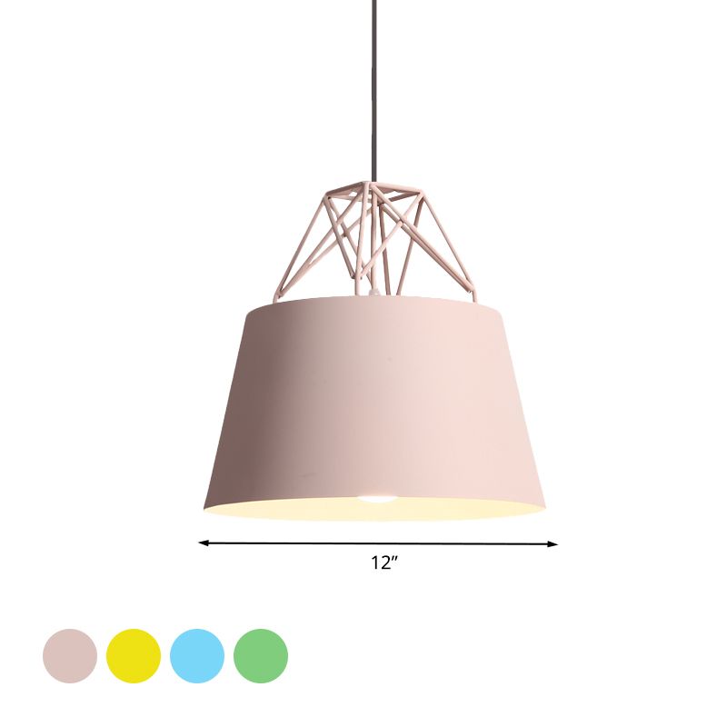 Metallic Backet Shade Pendant Light Restaurant Cage 1 Head Macaron Style Sanging Lamping with Iron Wire