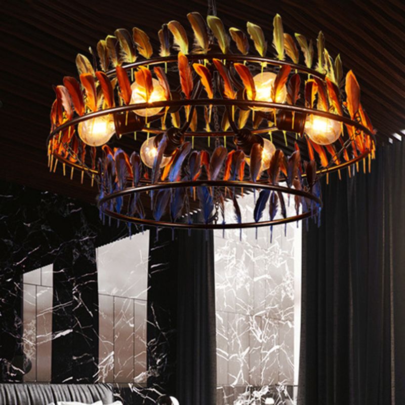 Round Feather Hanging Chandelier Lamp Art Deco Bar Ceiling Pendant Chandelier