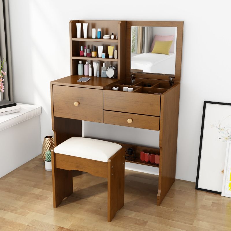 Scandinavian Engineered Wood Dressing Table Set with Mirror and Padded Stool