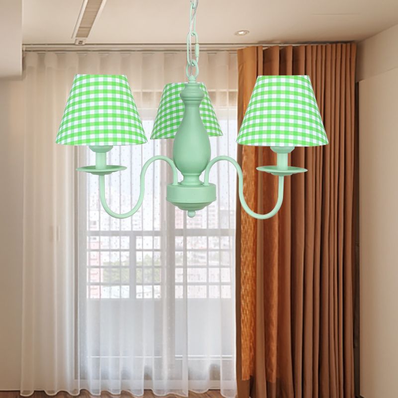 Green Plaid Shade Chandelier Three Bulbs Kids Modern Metal Hanging Light for Bedroom
