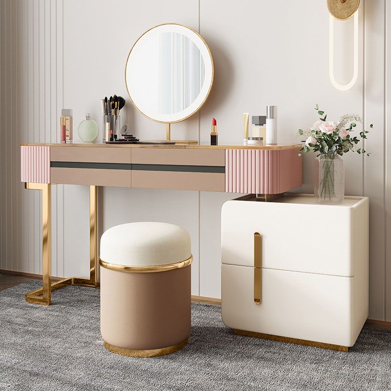 Glam Wood Makeup Vanity Desk Glass Top 4 Drawer Dressing Table