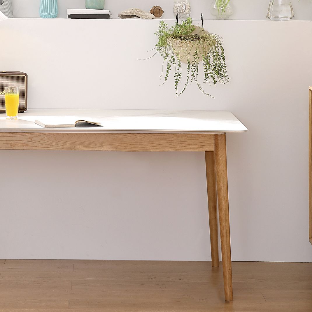 Simplicity Rectangle Dining Table White Sintered Stone Table with 4 Oak Solid Wood Legs