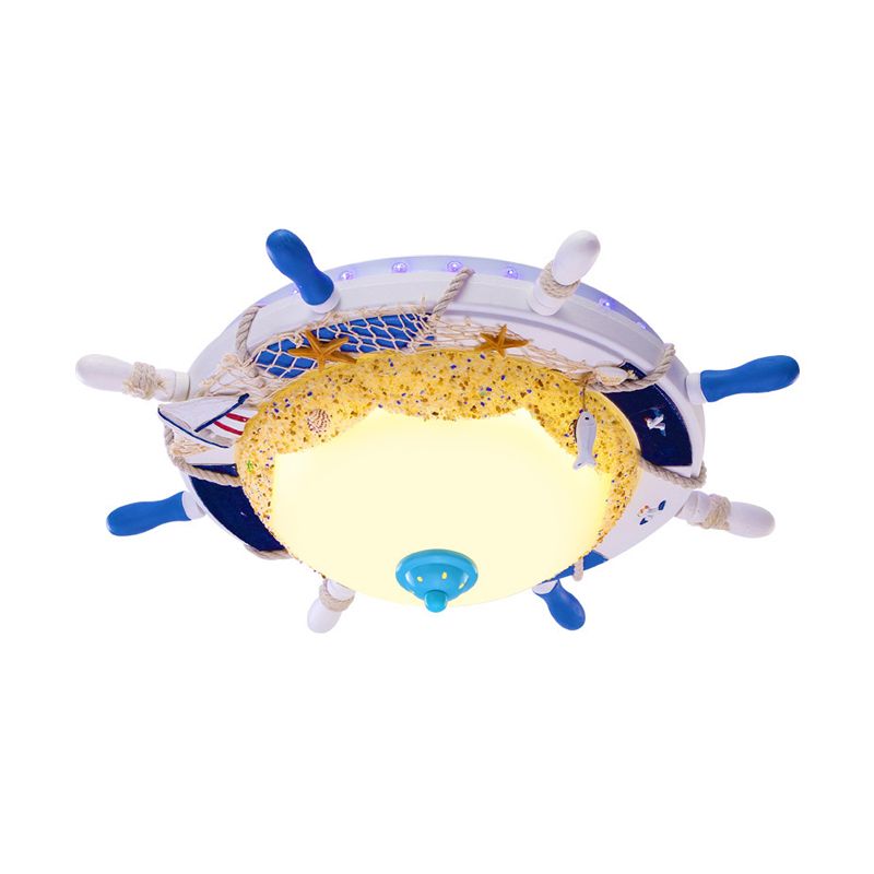 Creative Domed Close to Ceiling Lamp Opal Glass LED Bedroom Flushmount with Rudder and Beach Design in Blue, Warm/White Light