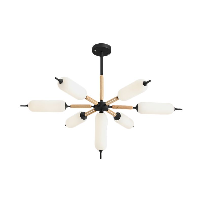 Houten barstende kroonluchter licht Noordse 7-lights black plafond suspensielampje met cilindermatte glazen lampenkap