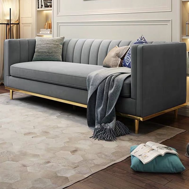 Modern 29.5" H Velvet Tuxedo Arm Sewn Pillow Back Sofa For Living Room