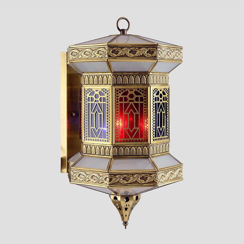 Brass 1-Light Wall Light Fixture Arab Metal Lantern Wall Sconce Lamp with Frosted Glass Shade