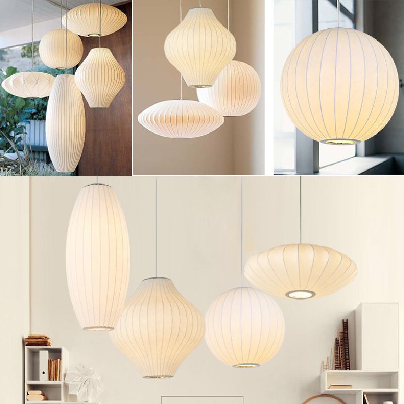White Shaded Pendant Lighting Fixture Modern Fabric Hanging Ceiling Light for Restaurant