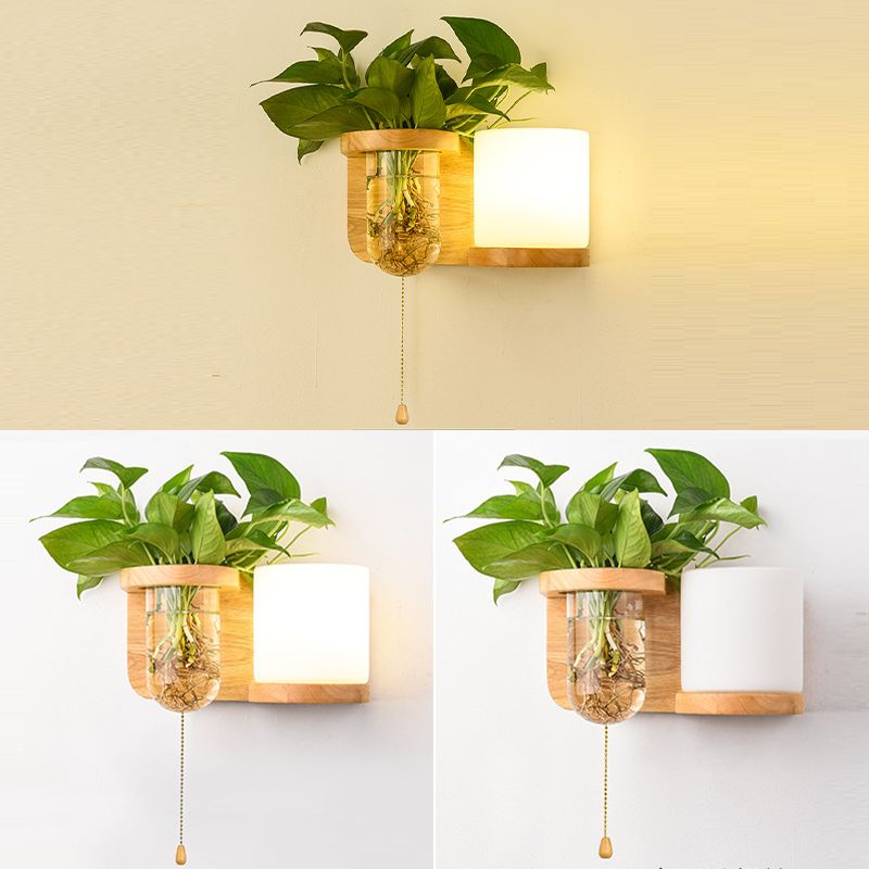 Modern Style Cylinder Shade Wall Light Wood 1 Light Sconces for Living Room without Plant