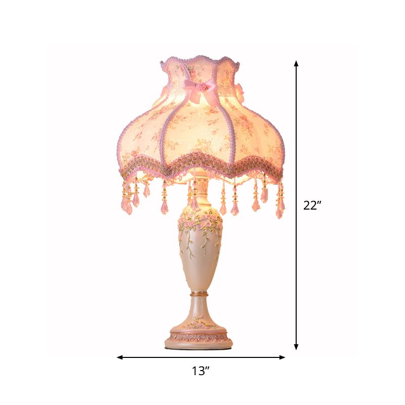 Vase Resin Night Table Lamp Pastoral 1-Head Pink Nightstand Light with Braided Trim and Drape
