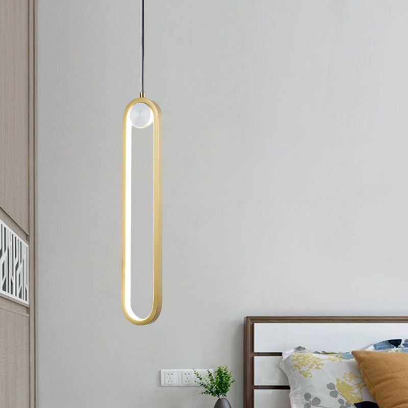 Simplicity Elliptical Pendant Lamp Metal LED Bedroom Hanging Light Kit in Gold, Warm/White Light